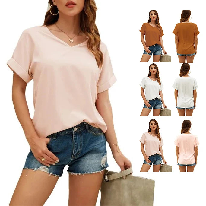 Women's XL Plus Size Casual T-Shirt Tops V-Neck Short Sleeve Solid White Color Oversize Fashion Print Summer Knitted Top