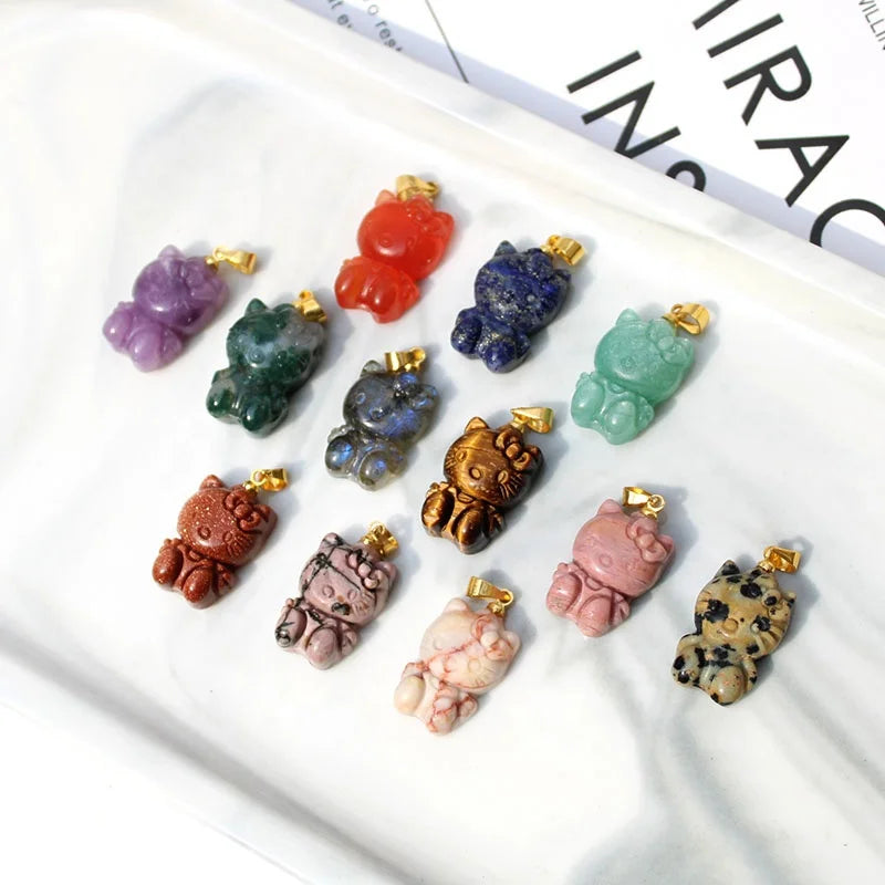 Hand Carved Natural Crystal KT Cat Charm Colorful Birthstone Gem Stone Hello Kitty Pendant with Stainless Steel Chain