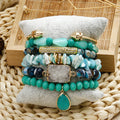 Fashion Trend Bohemian Vacation Women Jewelry 6pcs Natural Stone Glass Shell Elastic Stack Bracelet Set Nail Opening Bangle