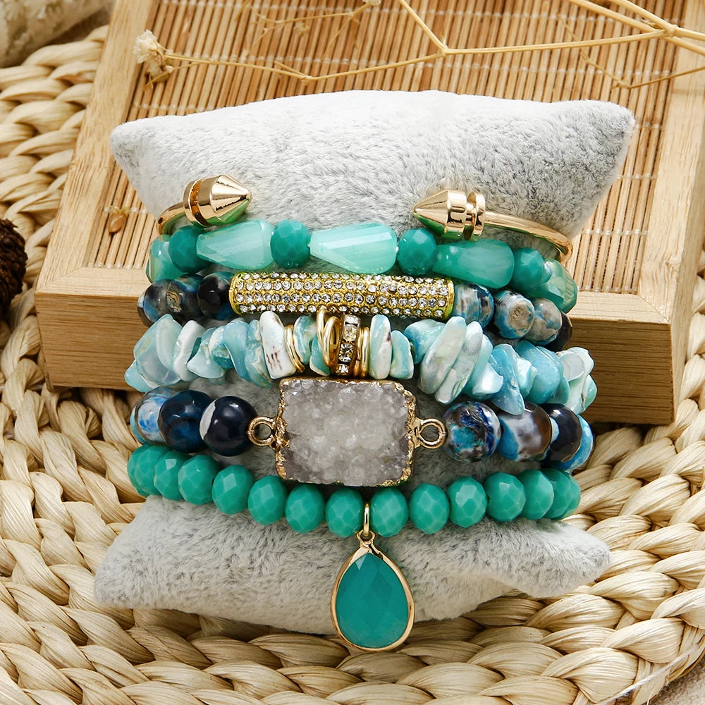 Fashion Trend Bohemian Vacation Women Jewelry 6pcs Natural Stone Glass Shell Elastic Stack Bracelet Set Nail Opening Bangle