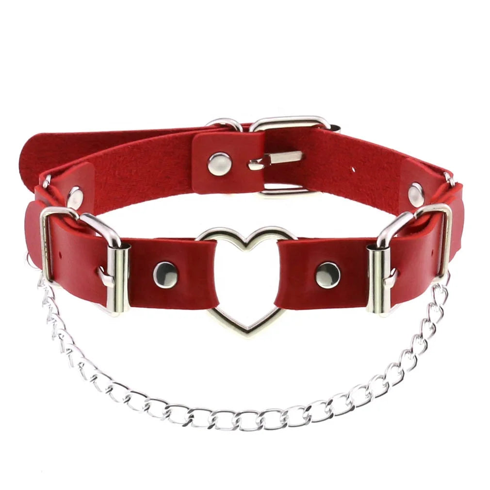 Punk Leather Heart Choker Metal Double O Ring Collar Bondage Necklace