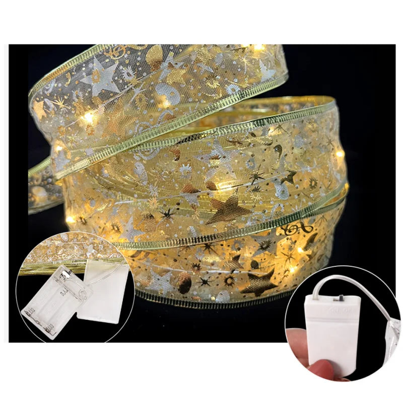 Gold Christmas Ribbon LED Lights Battery Powered Copper Lights for Weddings New Year Christmas Tree Decorations