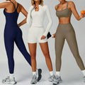 YIYI Summer Ribbed Soft Fabrics Bra Gym Sets Fitness High Waist Shorts Sets for Women Quick Dry 4 Piece Workout Set Women
