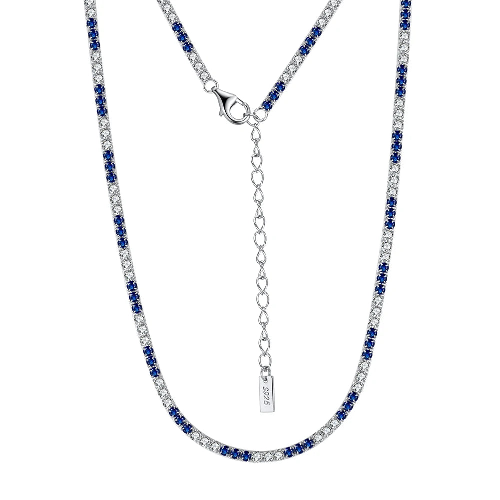 RINNTIN SC49 Handmade 925 Sterling Silver Choker Tennis Necklace with White & Blue Cubic Zircon Colar Cadena Chain for Women