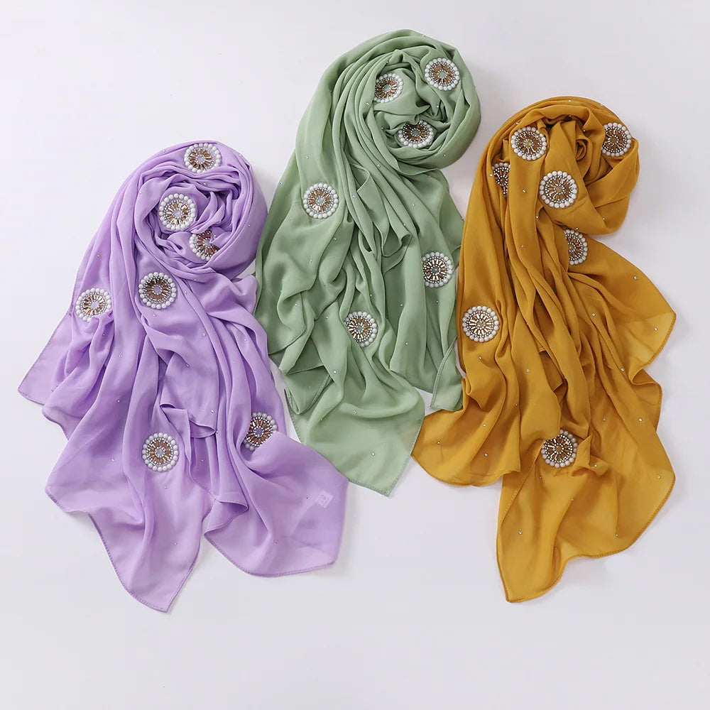 Ladies Pearl Chiffon Material Eco-friendly High Quality Solid Pattern Long Spring Scarf Bohemian Style Fashion Travel Shawls