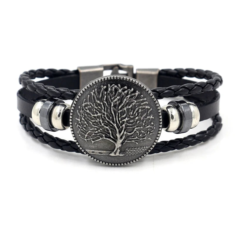 Punk Jewelry Vintage Alloy Tree of Life Shield Multilayer Leather Strip Beaded Bracelet for Men