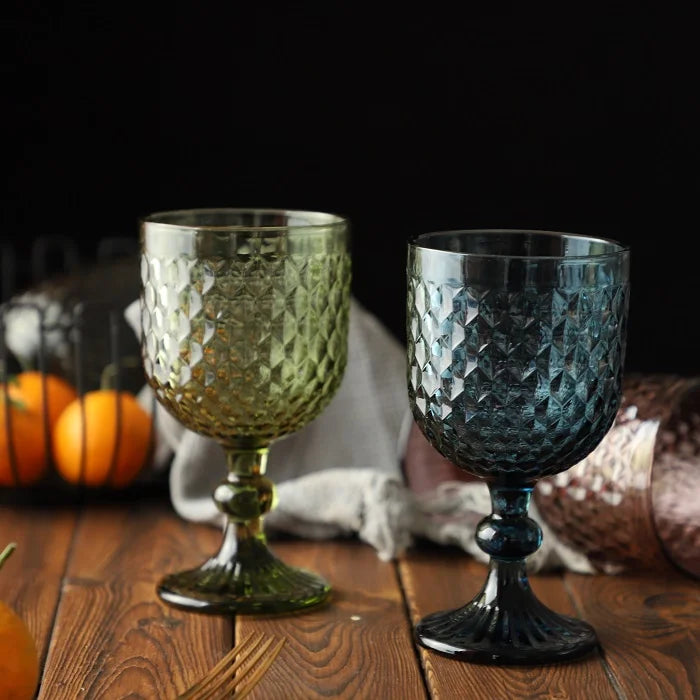 Vintage Colored Embossed Glass Wine Goblets 300ml Lead-Free Water Drinking Cups for Wedding Party Decor Catering