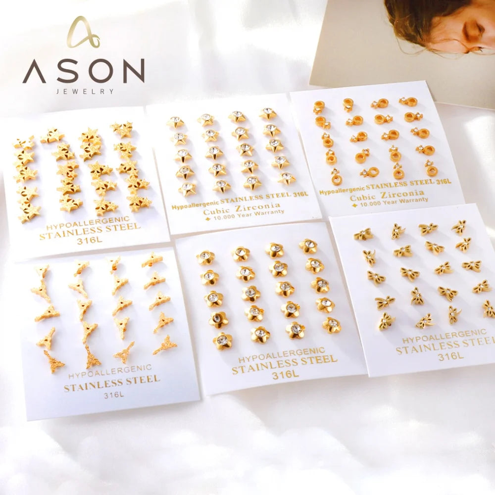 Ason Fashion Jewelry 316L Stainless Steel Zircon Small Stud Earrings Set of 10 Geometric Gold Plated Stud Earrings