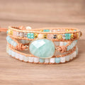 Bohemian Handmade Aquamarine Stone Multilayer Leather Wrap Natural Stone Bead Bracelet SKB030
