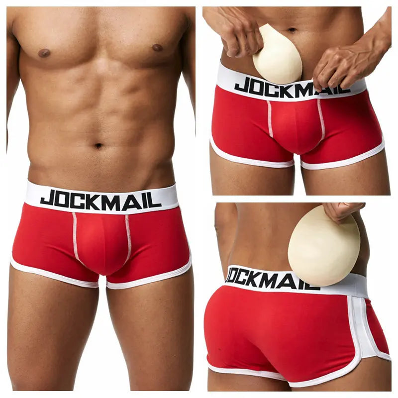 JOCKMAL Men's Breathable Knitted Cotton Spandex U-Pad Convex Padded Boxer Briefs Crotch Hip Push-Up Cup Enhancement Sexy