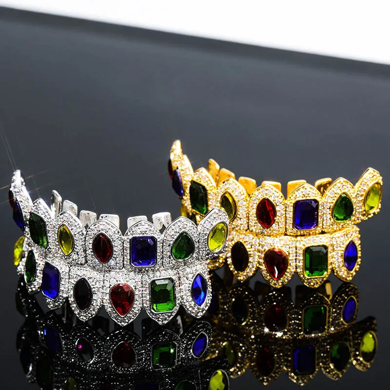 TOPGRILLZ Hip Hop Men's Top & Bottom Teeth Gold Silver Color False Teeth Grillz Set Bump Lattice Dental Grills for Body Jewelry
