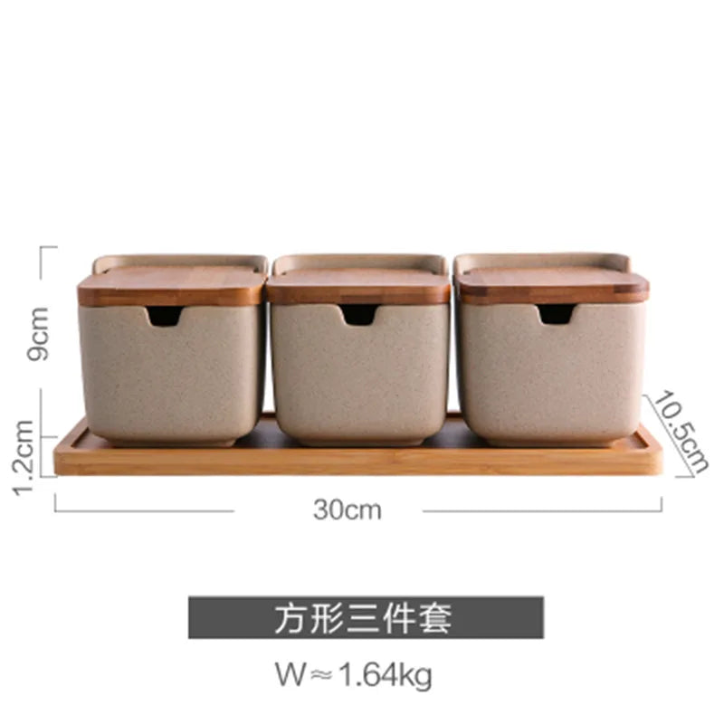 Set of 3 Ceramic Condiment Jars with Bamboo Lids for Herb & Spice Storage Home Kitchen Spice Container