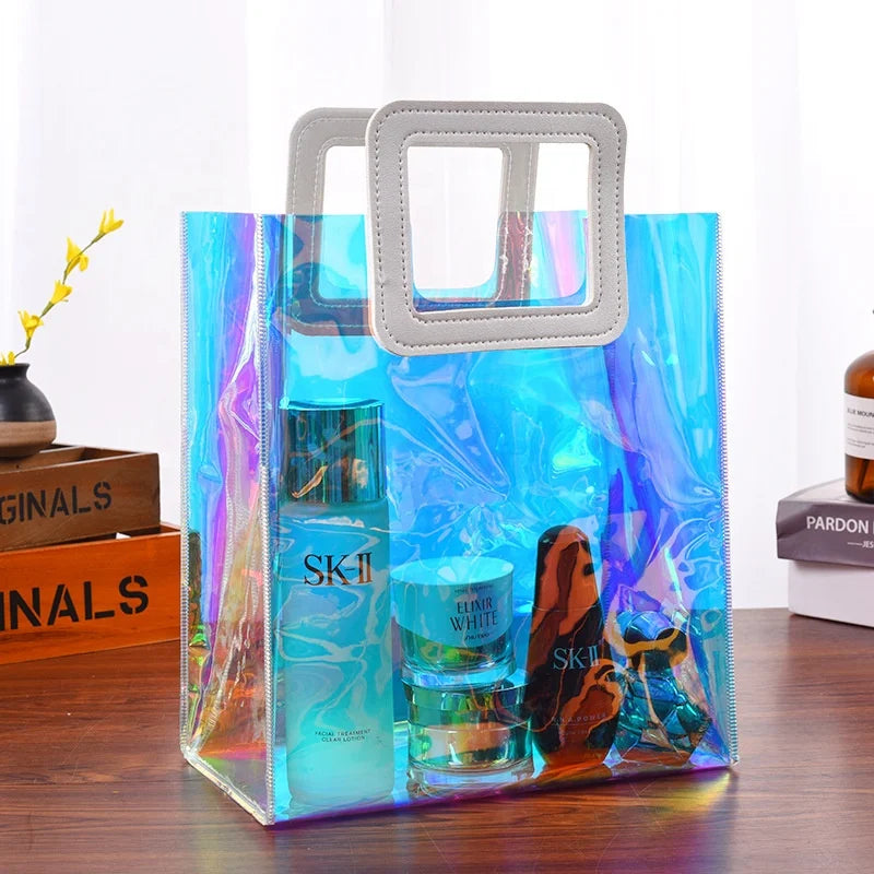 Custom Shopping Bags Logo Printed Transparent PVC Tote Bags with Laser Handle Holographic Design Letter Pattern Custom Size