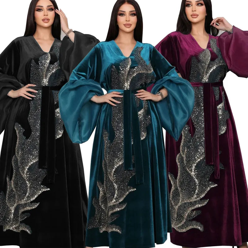 Velvet Autumn Winter Casual Sequins Puff Sleeve V-Neck Dubai Dress With Sashes Moroccan African Women Kaftan Ramadan