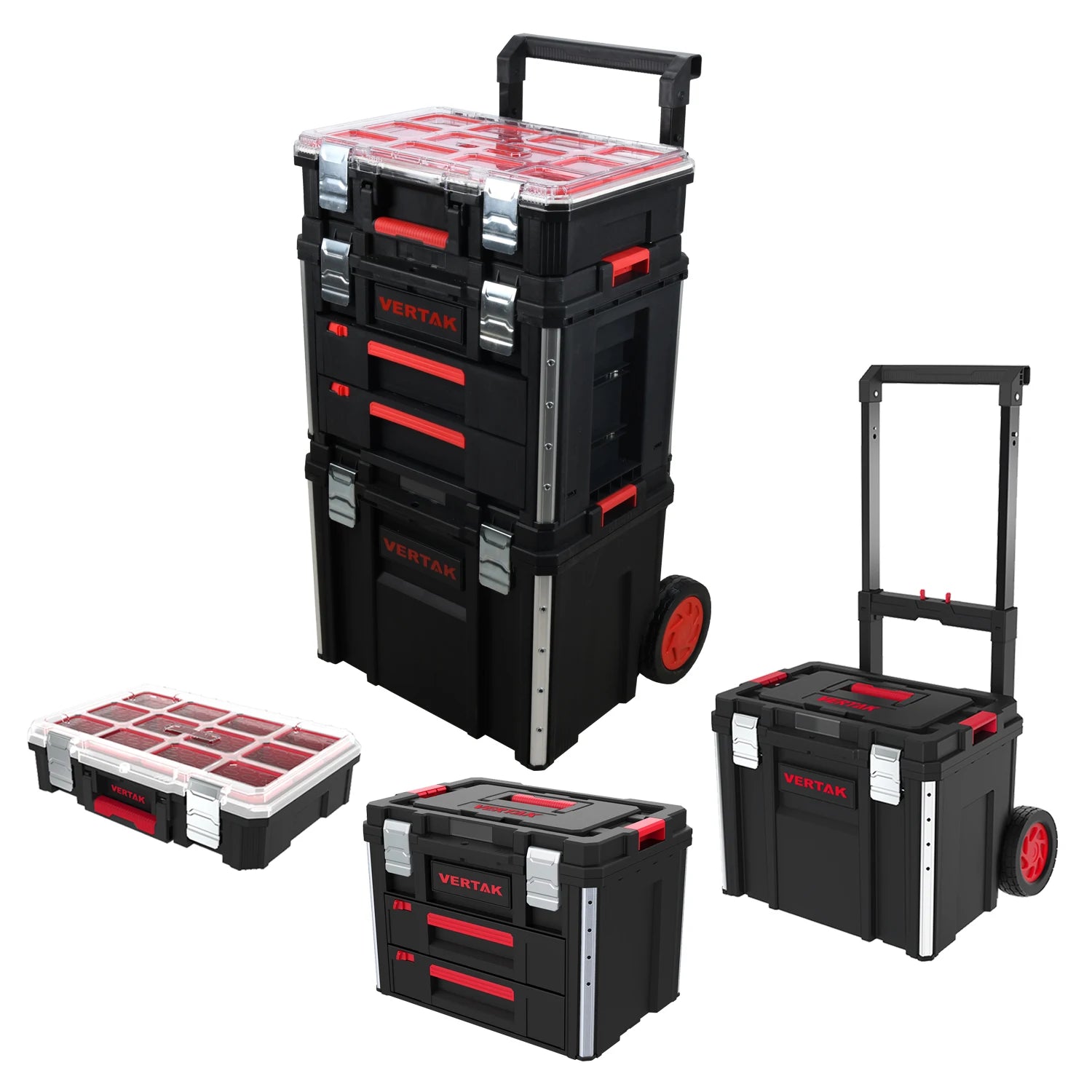 Vertak 3 in 1 Plastic Stackable Rolling Upright Trolley Tool Box for Car Repair Household Toolbox with Wheeled Tool Box