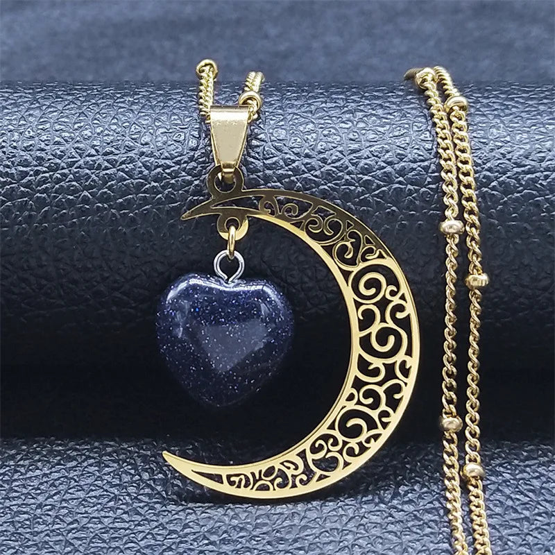 Hot Sale Women's Silver Color Stainless Steel Collar Necklace with Moon Crystal Stone Gold Plated Witchcraft Jewelry