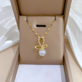 Trendy 18K Gold Plated Stainless Steel Crystal Full Diamond Pearl Bowknot Pendant Necklace for Women Girls Jewelry