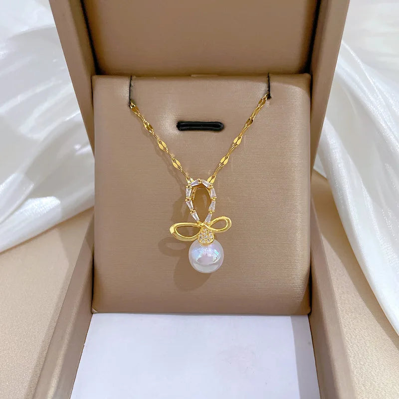 Trendy 18K Gold Plated Stainless Steel Crystal Full Diamond Pearl Bowknot Pendant Necklace for Women Girls Jewelry