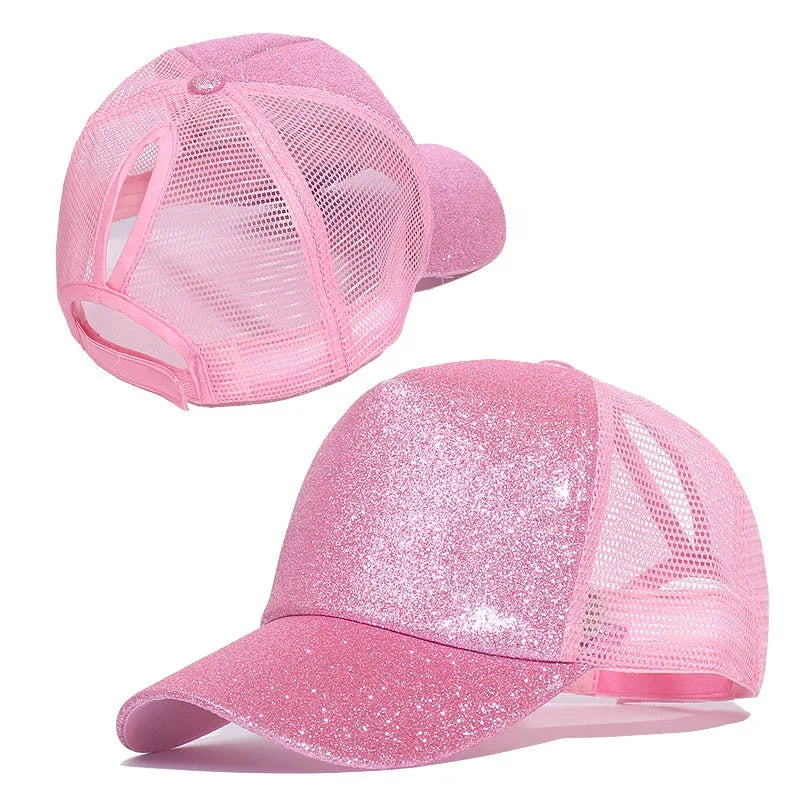 Customized Womens Baseball Hat Glitter Ponytail Hat High Messy Bun Ponycap Trucker Dad Cap