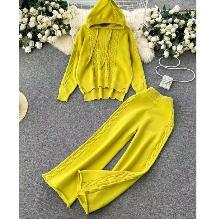 Women's Autumn Winter Loose Twist Knit Hooded Pants Fashion Casual Sports Set