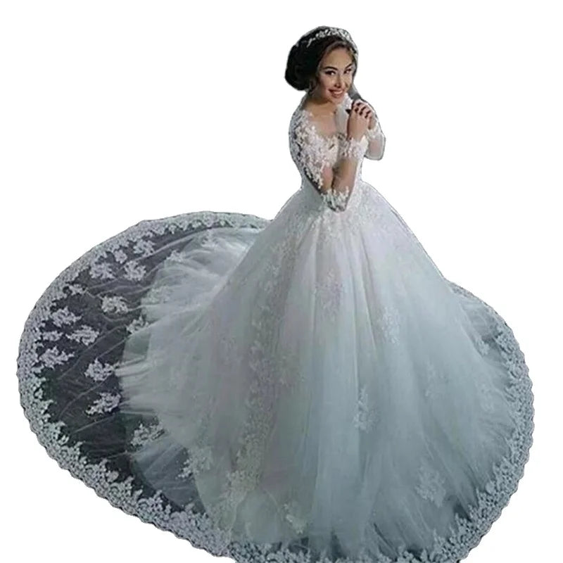 2024 Guangzhou Auyan Indian Wedding Dress for Adults White Long Fishtail Waist Shoulder Lace Fabric Crystal Flower Plus Size