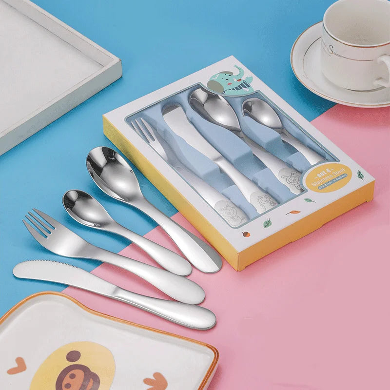 Food Grade Toddler Utensils Set Stainless Steel 304 Children Tableware Set Lovely Cartoon Design Kids Spoon Fork Knife Gift Set