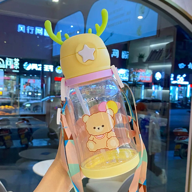 600ml Plastic Kids Water Bottle With Straw Cartoon Printing Drink Water Bottle Outdoor Portable Straps Children's Sports Cup