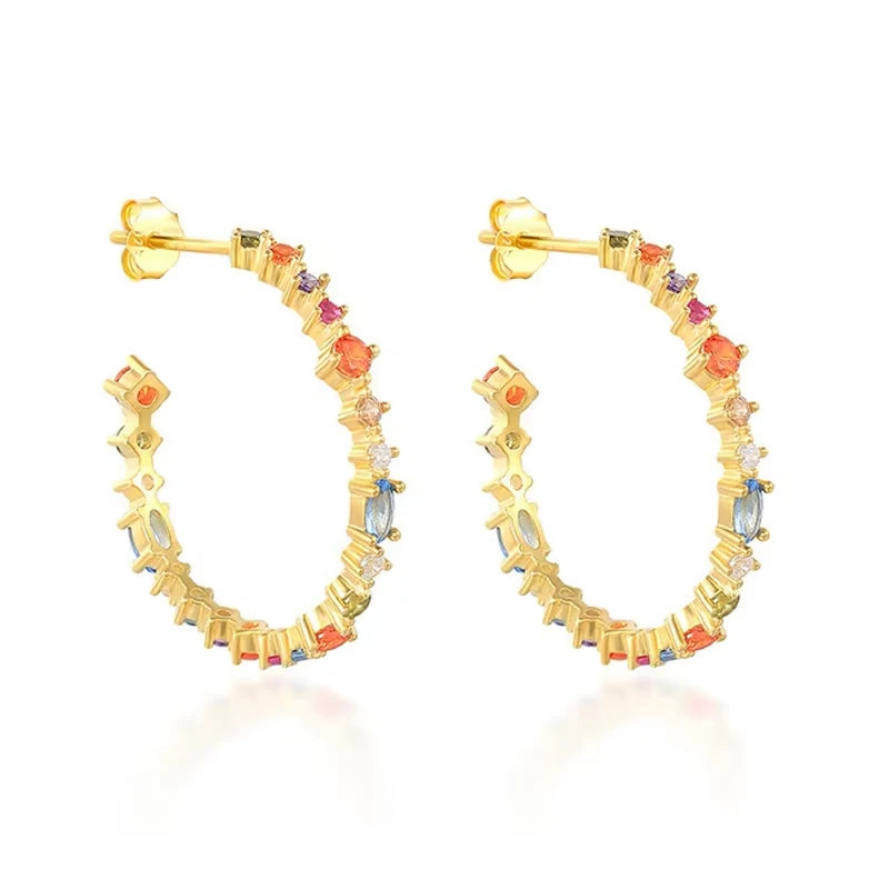 Hot Sale Ear Jewelry 925 Sterling Silver INS Fashion Candy Color CZ Diamond C-Shaped Hoops Earrings Women