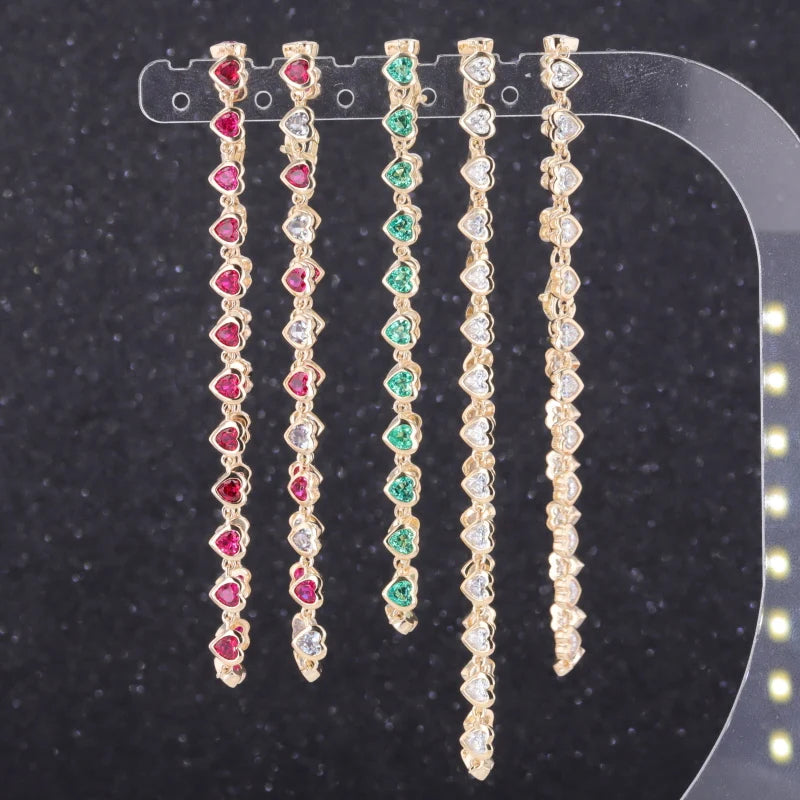 Customized 9K 10K 14K Gold Tennis 3X3mm Heart Shape Chain Lab Ruby Lab Emerald Moissanite Bracelet