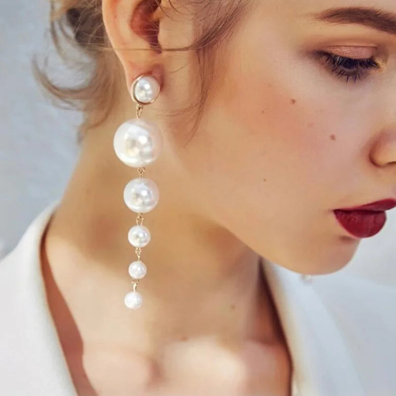 European and American Fashion Imitation Long Pearl Earrings Bohemia Female Pearl Tassel Earring  Drop Crystal Earrings