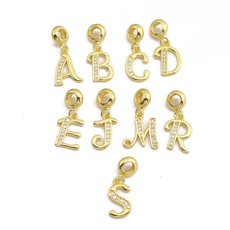 CZ9165 Popular Dainty Large Big Hole 18k Gold Diamond Zircon CZ Micro Pave Alphabet Letter Initial Bail Dangle Charm Pendants