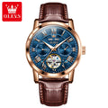 OLEVS 6668 Complication Genuine Leather Strap Watches for Men Waterproof Fashion Automatic Mechanical Men Wristwatches Luminous