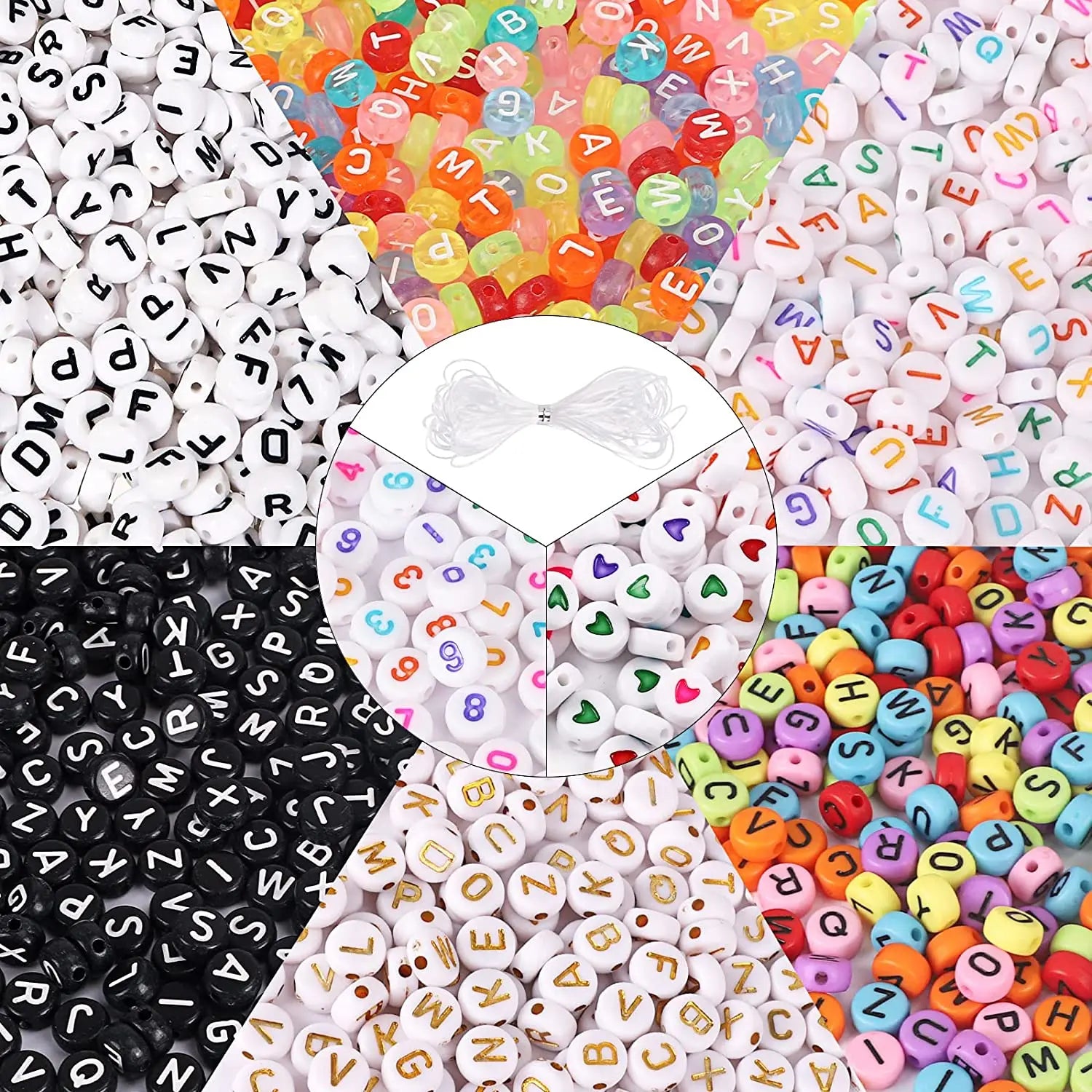 2000pcs Letter Alphabet Round Acrylic Number Beads with 1 Roll Elastic String Cord for Jewelry Bracelet Necklace