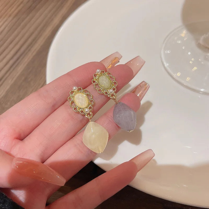 S925 Silver Post French Vintage Asymmetric Drop Earrings for Women Gift White and Blue Stone Drop Earring