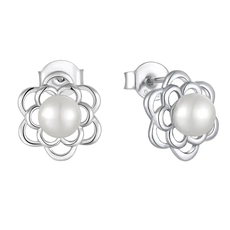 925 Sterling Silver Charm Hollow Flower Pearl Stud Earrings for Women Temperament Engagement Jewelry Party Gift