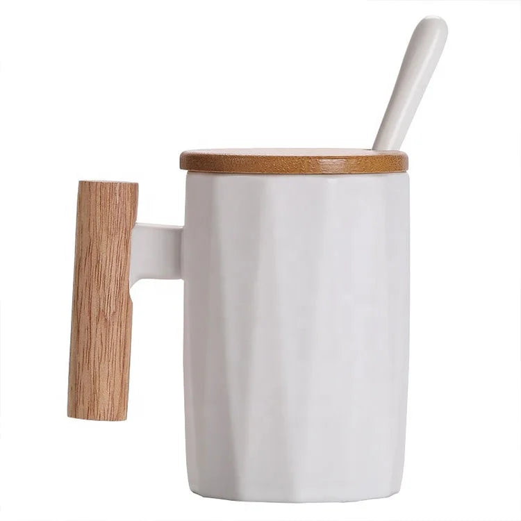 Manufacture Custom logo Gift Box White Black Porcelain Ceramic Mugs with Bamboo Wooden Handle Lid