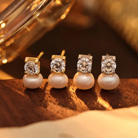 Cube Sugar Zircon Small Stud Fine 925 Sterling Silver Pearls Earrings Women Jewelry