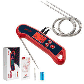 BBQGO BG-HH2P 2 in 1 Digital Meat Thermometer Instant Read Foldable Food Thermometer with 2 Detachable Wired Probe for Smoker