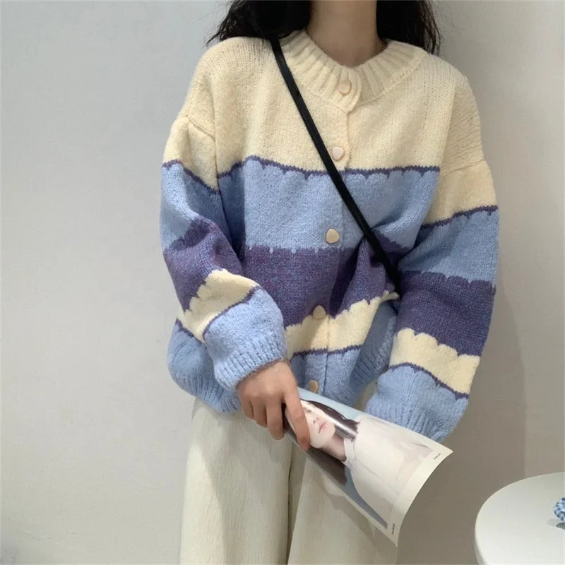 Wholesale Custom O Neck Button Cardigan Loose Casual Coat with Front Logo Knitted Block Striped Graphic Sweater