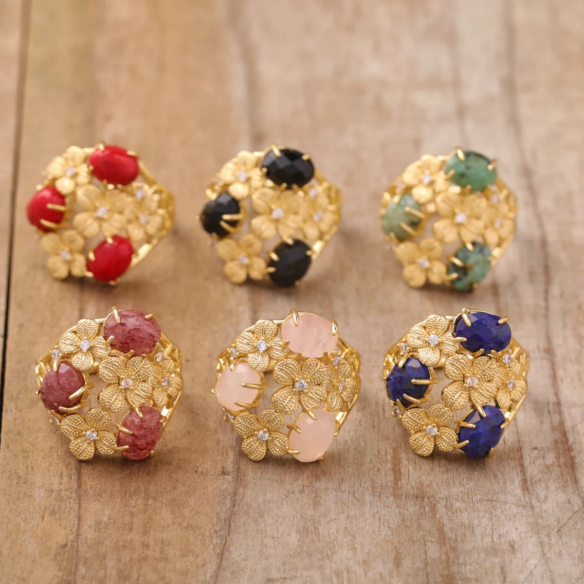 Gorgeous Ring Gold Jewelry  Gemstone Crystal Flower Designer Adjustable Finger Rings Bridesmaid Gift
