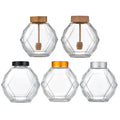 New Glass Honey Bottle with Bamboo and Wood Cover 500g Stir Stick Six-sided Creative Honey Bottle with Lid