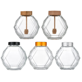 New Glass Honey Bottle with Bamboo and Wood Cover 500g Stir Stick Six-sided Creative Honey Bottle with Lid