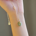 Vintage Chinese Style Emerald Round Safety Buckle Fortune Word Titanium Steel Jade Necklace Jewelry for Women Girls