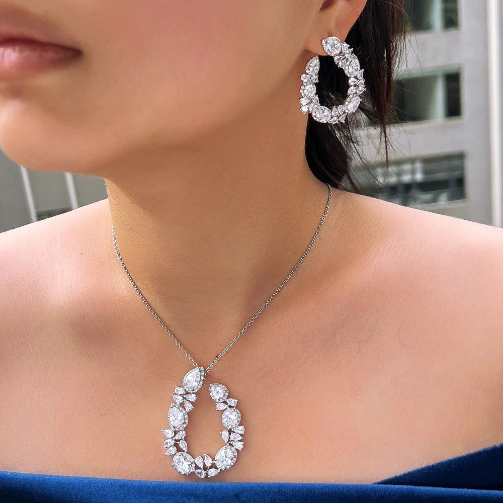 Trendy Fashion Cross Chain Link Big Necklace and Earrings Party Pendant Jewelry Set for Women Accessories
