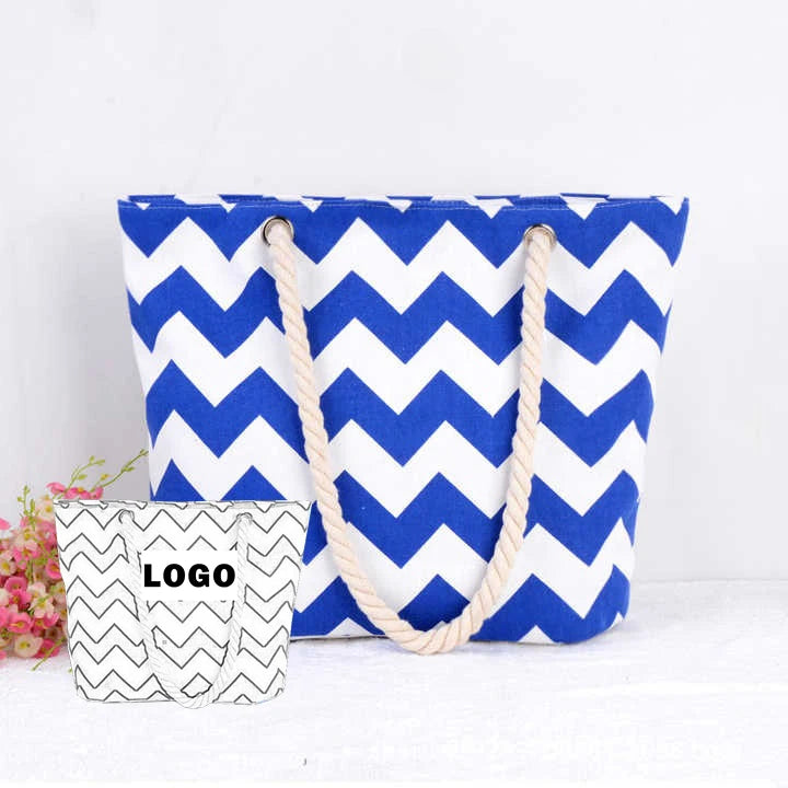 Custom logo Summer Travel Sustainable Burlap Rope Fashion Canvas One-Shoulder Wave Stripe Beach Bag Eco Friendly Reusable Large