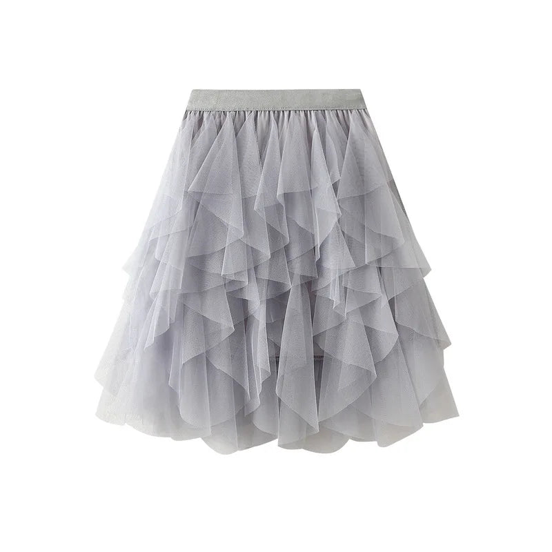 Women'S Half-Length Short Fairy Mesh Puffy Tulle Tutu Skirt Solid Color Elastic Midi Waist Lady Skirt