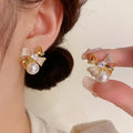 Delicate 14K Gold Plated Heart Zircon Stud Earrings S925 Needle Shiny Rhinestone Bow Pearl Earring for Women