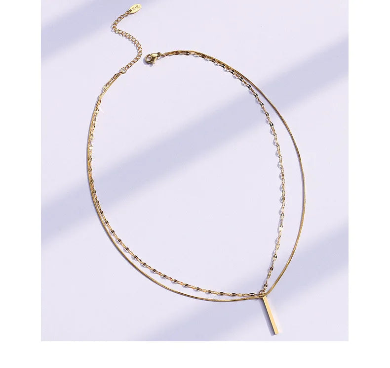 Women Pretty Gift 18K Gold Plated Dainty Stainless Steel Chains Layer Bar Pendant Necklace