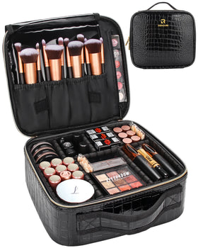 Relavel Makeup Case Leather Travel Cosmetic Storage Case Portable with Adjustable Dividers Cosmetic Case Organizer