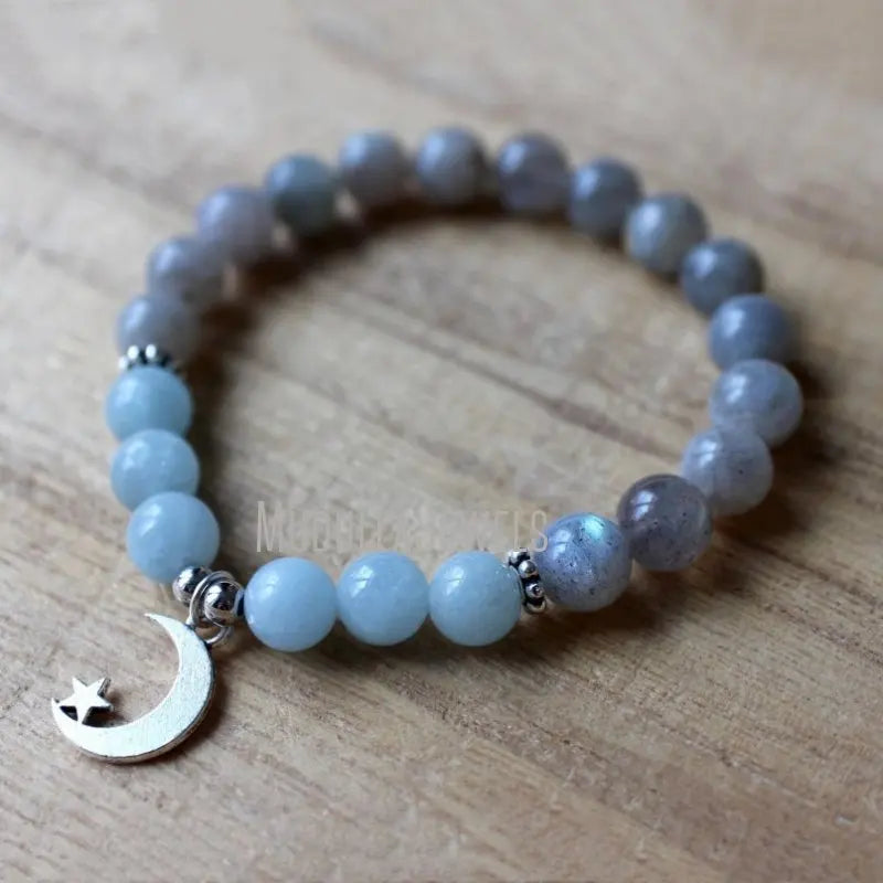 WMB36727 Natural Gemstone Labradorite Aquamarine Wrist Mala Moon Star Charm Bracelet Energy Healing Prayer Yoga Jewelry